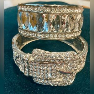 Costume Rhinestone Hinged Bracelet Duo, Blingy Buckle & Giant Gem, 8”